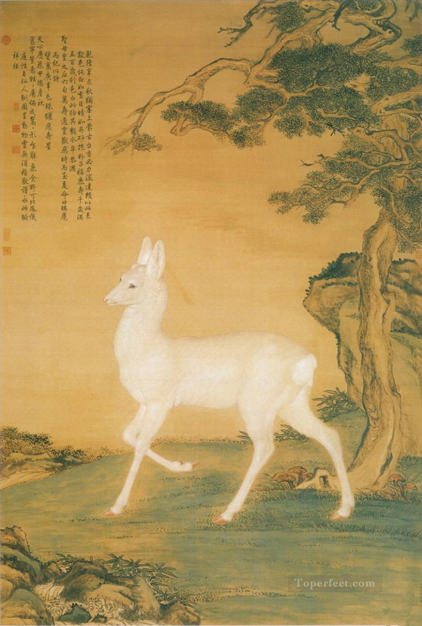Lang shining white deer old China ink Giuseppe Castiglione Oil Paintings